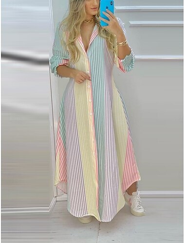  Damen Maxikleid Shiftkleid Urlaub Lässig Täglich Lässiger Schnitt Ombre Blumen Grafik Langarm Hemdkragen Weiß Rosa Marineblau Blau Sommer