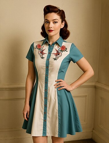  Retro Vintage 1950er Mini A-Linien-Kleid Hemdkleid Cowgirl Knopfleiste 3D-Druck Damen Maskerade Urlaub Lässig Teegesellschaft Erwachsene Kleid Sommer