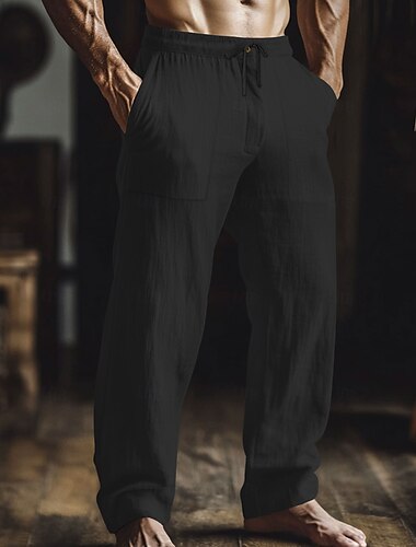  Herren Leinenhosen Hose Sommerhose Baggy-Hosen Elastischer Bund Gerader Schnitt Einfach Komfort Atmungsaktiv Volle Länge Lässig Täglich Ferien Mode Klassicher Stil Lässiger Schnitt Schwarz Hellgrün