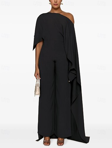  Jumpsuit für die Brautmutter, elegantes, schlichtes, lässiges Kleid mit einer Schulter, bodenlang, Spandex-Stretch-Stoff, ärmellos, mit kaskadierenden Rüschen, einfarbig, 2025
