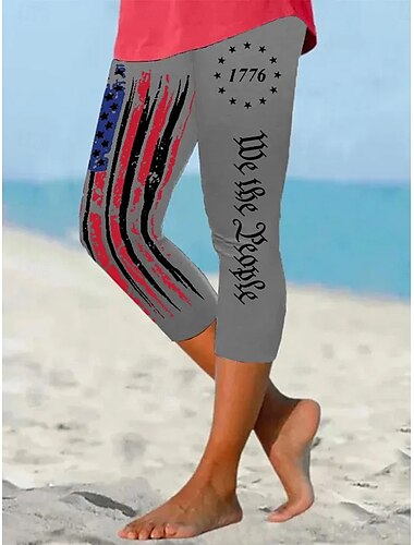  Unabhängigkeitstag Damen Leggings Urlaub Vintage Mode Knöchellange Hoch Taillierte Hosen Grafik Flaggen Druck Atmungsaktiv Weich Dehnbar Formal Urlaub Büro