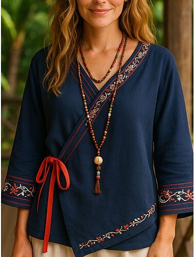  Blusa da donna grafica etnica casual maniche lunghe scollatura a V top regolari daily ricamato rosa rosso blu navy viola estate primavera