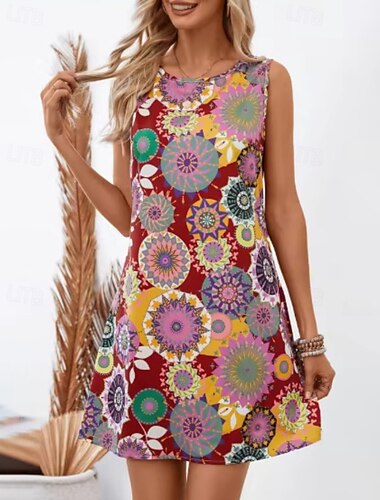  Women's Mini Dress Floral Dress Boho Dress Fashion Classic Outdoor Vacation Daily Regular Fit Flower Sleeveless Crew Neck Pink Red Summer