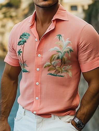  Hombre Camisa de lino Camisa de verano Ropa de playa Abotonar la camisa Palmera Vacaciones Festivos Rosa Manga Corta Cuello Vuelto Verano Primavera Ropa