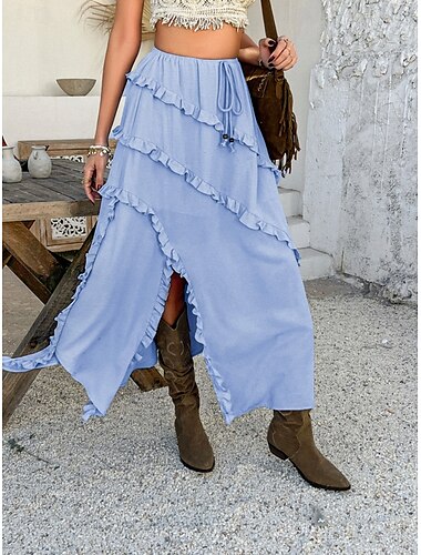  Damen Rock A-Linie Mode Lässig Maxi Hohe Taille Röcke Einfach Rüsche Mikroelastisch Urlaub Straße Schwarz Weiß Rote Blau Sommer Polyester