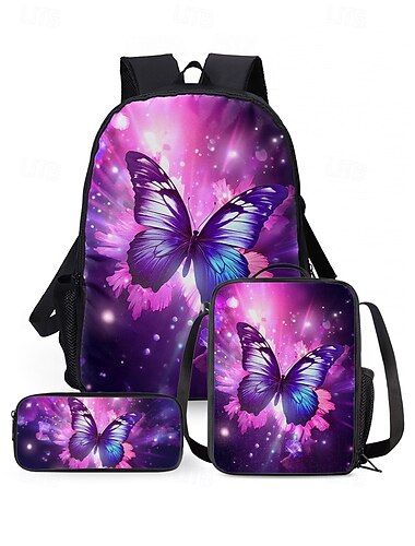  Ensemble de 3 sacs à dos d'école à imprimé papillon pour filles avec sac à lunch isotherme et trousse à crayons - léger et élégant pour l'école primaire et le collège, les voyages ou les pique-niques