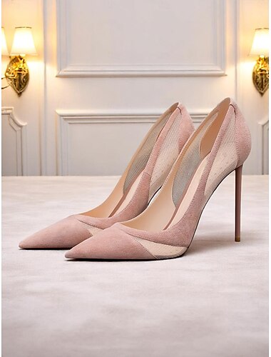  Escarpins à bout pointu en daim nude pour femmes avec détails en maille, chaussures à talons aiguilles hauts pour cocktails et occasions formelles