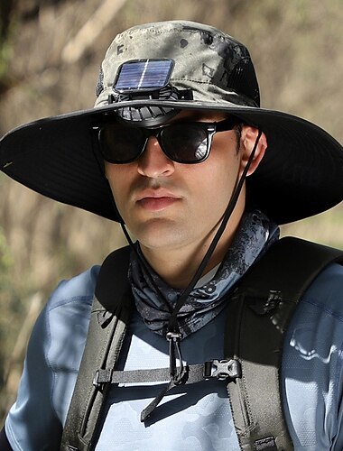 Solar-Ventilator-Hut, Unisex-Sonnenhut für den Außenbereich mit eingebautem Solar-Ventilator, breiter Krempe, UPF-Schutz, Fischerhut zum Wandern, Angeln, Strand