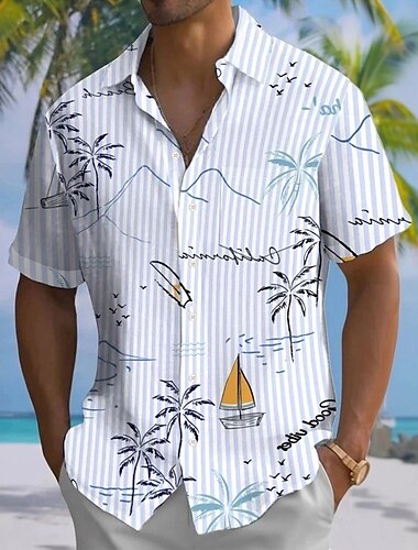  Herren Kokospalme Gestreift Tropische Pflanzen Sommer Hawaiihemd Knopfhemd Alohahemd Kurzarm Hawaiianisch Ferien Strandbekleidung Sommer Frühling Umlegekragen 3D-Druck Hemden mit Kragen Eine Tasche