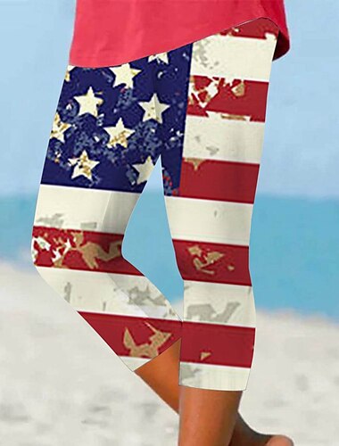  Unabhängigkeitstag Damen Patriotische Fourth of July Leggings Urlaub Vintage Ethnischer Stil Wadenlange Hohe Taille Hosen Grafik Flagge Dehnbar Outdoor Urlaub Lässig Rot Schwarz Dunkelrot Rot Rot-Weiß