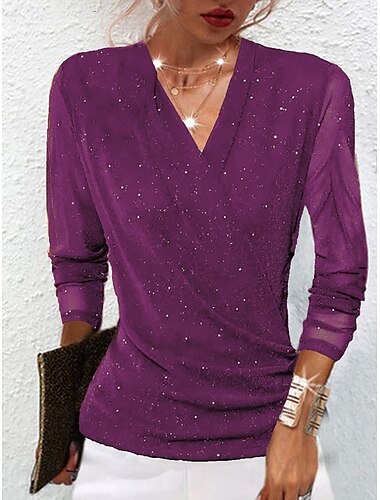  Damen Bluse Einfarbig Stilvoll Lässig Langarm V Ausschnitt Normale Oberteile Täglich Netz Patchwork Schwarz Rote Kamel Purpur Braun Sommer Frühling