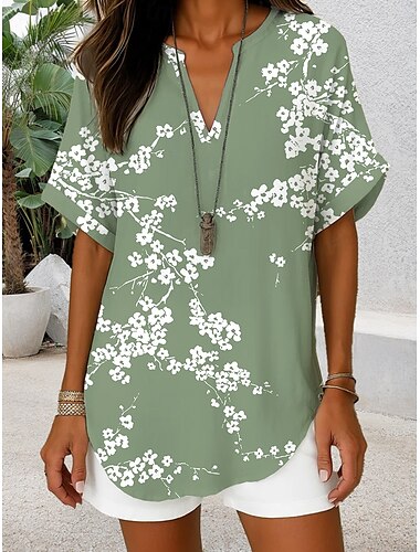  Damen Boho-Hemd Blumen Grafik Elegant Täglich Stilvoll Kurzarm V Ausschnitt Normale Oberteile Täglich Ferien Salbeigrün Purpur Grün Sommer Frühling