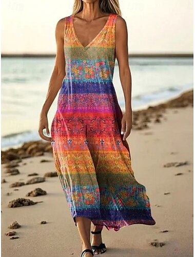  Dames Lange jurk maxi-jurk Casual jurk Tank-jurk Zomerjurk Modieus Dagelijks Feestdagen Strand Normale pasvorm Bloemig Mouwloos V-hals Lichtgroen Blozend Roze Rood blauw Zomer