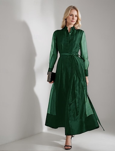  A-Linien-Hemdblusenkleid, Kleid für die Brautmutter, elegant, schlicht, minimalistisch, Hemdkragen, bodenlang, Organza, lange Ärmel, mit Schärpe/Band 2025
