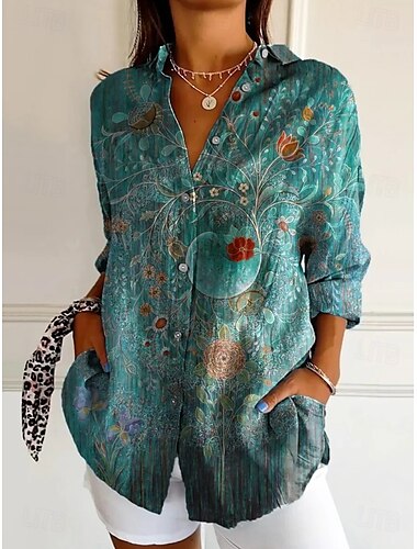  Per donna Camicia Floreale Grafico Vintage Tropicale Quotidiano Manica Lunga Colletto a Camicia Top Regolari Lavoro Quotidiano Ferie Bottoni Stampato Blu Arancione Verde Estate Primavera
