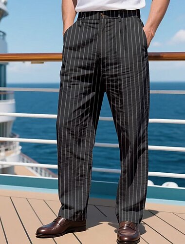  Herren Leinenhosen Hose Sommerhose Streifen Gerader Schnitt Einfach Komfort Atmungsaktiv Volle Länge Lässig Täglich Ferien Mode Streetwear Schwarz Weiß