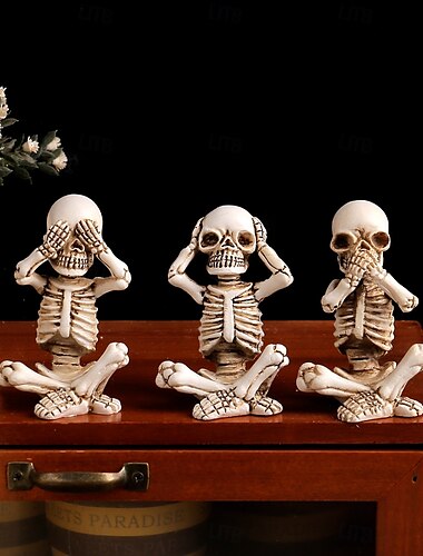  3pcs/set Halloween Skeleton Figurines Set,Resin Skull Decorations for Spooky Tabletop Display, Haunted House Decor