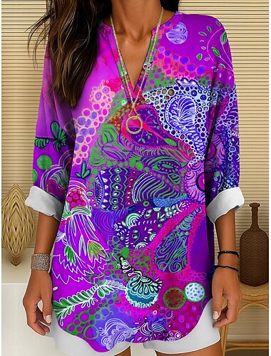  Damen Bluse Grafik Abstrakt Elegant Stilvoll Hübsch Langarm V Ausschnitt Normale Oberteile Täglich Ferien Druck Gelb Rote Blau Purpur Grün Sommer Frühling