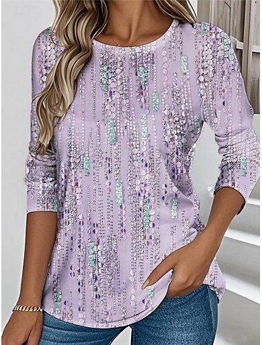  Damen T Shirt Grafik Geometrisch Abstrakt Elegant Vintage Stilvoll Langarm Rundhalsausschnitt Normale Oberteile Täglich Druck Rosa Blau Purpur Grün Sommer Frühling