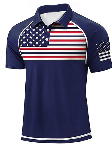  Tag der Unabhängigkeit Herren Amerikanische US-Flagge Polo Kurzarm Polo-Shirts Polokragen Sportlich Alltagstauglich Lässig Festival Knöpfe 3D-Druck Raglanärmel Sommer Weiß Marineblau Militßrgrün