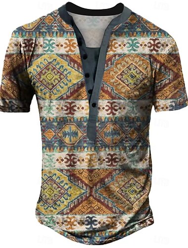  Męskie Geometryczny Etnické Podkoszulek Koszula Henley Koszulki Krótki rękaw Designerskie Podstawowy Etniczne Na zewnątrz Codzienny Sport Lato Szary Henley Koszulka Henley