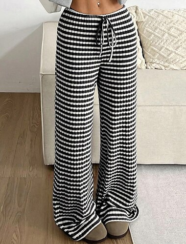  Damen Stoffhosen Hosen Hose Streetwear Lässig Volle Länge Natürliche Taille Gestreift Elastisches Kordelzugdesign Bequem Außenbereich Outdoor Urlaub Ferien Braun / Weiß Weiß / blau Schwarz und Weiss