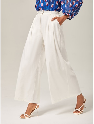  Dame Full lengde Lin Høy Midje Elegant Fritid Dagligdagstøy Hvit Sommer XS S M