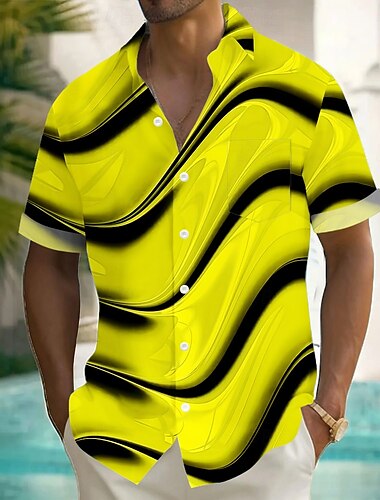  Herren Geometrisch Wellen Hemd Sommerhemd Knopfhemd Kurzarm Modisch lässig Urlaub Ferien Streetwear Sommer Umlegekragen 3D-Druck Eine Tasche vorne Leinenähnliches Hemd Gelb Blau Purpur Grün Grau