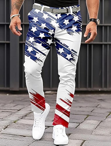  Voor heren Amerikaanse vlag Vaderlandslievend Pakken Broek Vrijetijdsbroek Medium Taille Klassiek Casual Feestdagen Slim Fit Broek met Zakken Lente Herfst 3D-afdrukken Wit blauw