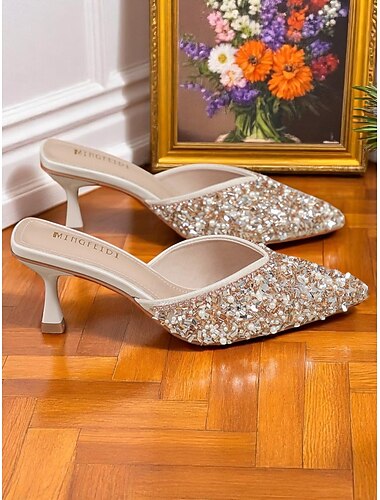  Zilveren muiltjes met kralen en puntige neus voor dames - glinsterende instappers met kitten heels en strass-versieringen voor elegante cocktailparty's en avondevenementen