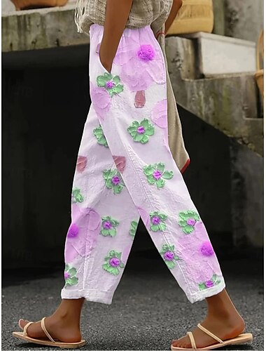  Damen Chinos Urlaub Vintage Lässig Knöchellang Hohe Taille Blumen Grafik Tasche Weich Außenbereich Atmungsaktiv Mikroelastisch Formell Outdoor Urlaub Violett Rubinrot Gelb Orange Sommer Frühling