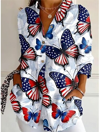  Unabhängigkeitstag Frauen Patriotic Fourth of July Shirt Grafik Flagge Stern Vintage Tropisch Täglich Langarmshirt Kragen Reguläre Oberteile Arbeit Täglich Druck Weiß Königsblau Himmelblau