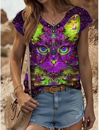  Damen-Tanktop mit Tier- und Katzenmotiv, stilvoll, lässig, ärmellos, kurzärmlig, V-Ausschnitt, normale Oberteile, Alltagsdruck, Gelb, Rot, Blau, Lila, Grün, Sommer, Frühling