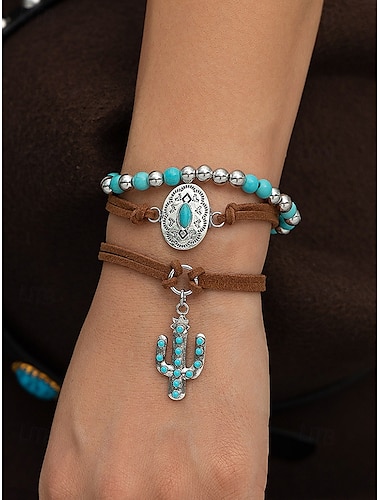  Conjunto de pulsera bohemia de turquesa con dijes para mujer con envoltura de cuero y colgante de cactus, joyería vintage de estilo occidental para atuendos de festivales de vaquera, fiestas y vacaciones de verano.