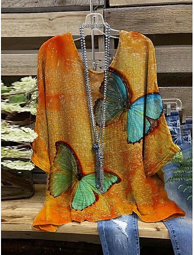  Damen Hemd Blumen Schmetterling Stilvoll Dreiviertelarm Rundhalsausschnitt Normale Oberteile Täglich Ferien Druck Blau Orange Khaki Aprikose Grau Sommer