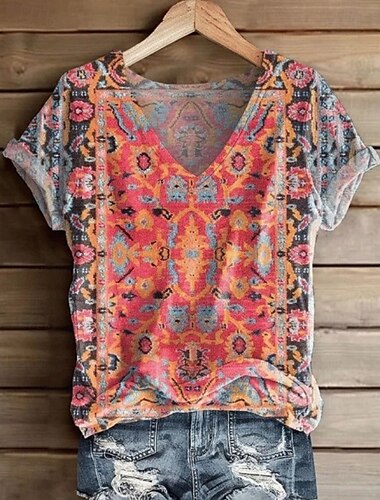  Damen T Shirt Grafik Paisley-Muster Vintage Stilvoll Klassisch Kurzarm V Ausschnitt Normale Oberteile Täglich Druck Schwarz Rote Orange Violett Grau Sommer Frühling