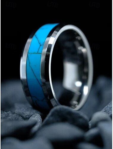  Herrenring aus Edelstahl mit blau-türkisfarbener Einlage, poliertes Comfort Fit Band, Schmuck im Westernstil für den Alltag, Hochzeiten oder als Geschenk
