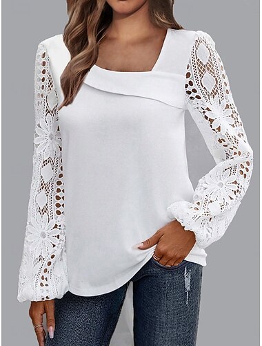  Blusas Elegantes de Encaje Blanco para Mujeres Blusa de Ojal Casual Color Sólido Blusas Regulares Manga Larga Patchwork de Encaje Asimétrico Ajuste Regular Uso Diario Negro Blanco Rosa Romántico