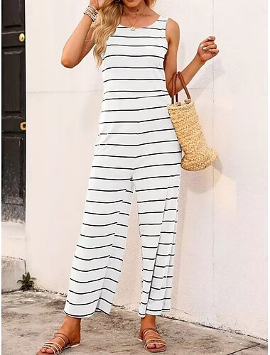  Dames Normaal Jumpsuit Actief Gestreept Mouwloos Breed Been Ronde hals Hoge taille Afdrukken Vakantie Dagelijks Normale pasvorm Wit Zomer
