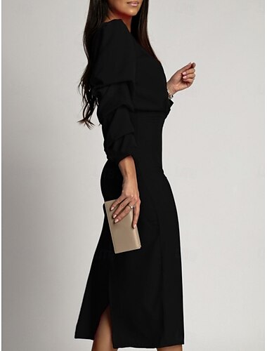  Damen Midikleid Figurbetontes Kleid Halbformelle Kleider Büro Normale Passform Einfach Langarm V Ausschnitt Schwarz Grün Sommer