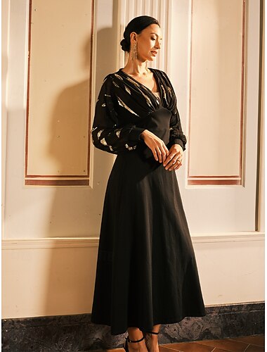  Langes Kleid für Damen mit transparenten Federdruckärmeln und V-Ausschnitt, schwarz, festlich, Party, elegant, Maxi, Winter, Herbst, Kleidung