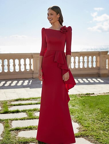  Vestido de noche elegante de corte A en rojo y verde, para invitados de boda, largo hasta el suelo, manga 3/4, cuello barco, bolsillo, satén elástico con volantes 2025