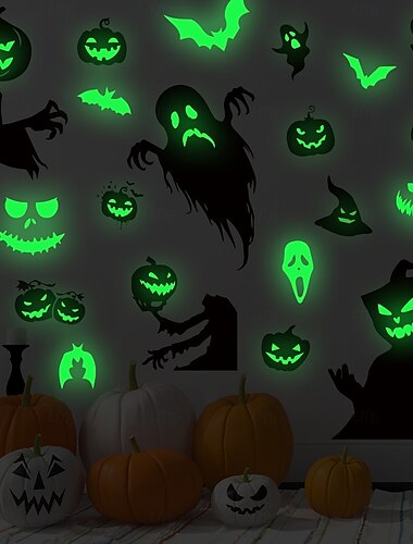  Halloweenské samolepky na zeď svítí ve tmě, strašidelné oči dýňových duchů, dekorace na Den mrtvých, světelné odnímatelné nálepky na domácí párty