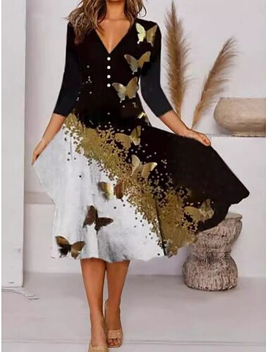  Damen Midikleid A Linie Kleid Lässig Outdoor Ausgehen Standard Passform Blumen Grafik Dreiviertelarm V Ausschnitt Schwarz Weiß Rote Frühling Herbst