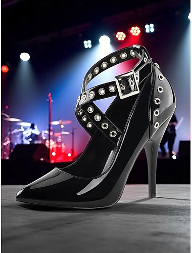  Damen-Punk-Stilettos aus schwarzem Lackleder im Stil der 1980er – spitze High Heels mit Nieten-Kreuzriemen-Design für Nachtclub-, Party- und Konzert-Looks