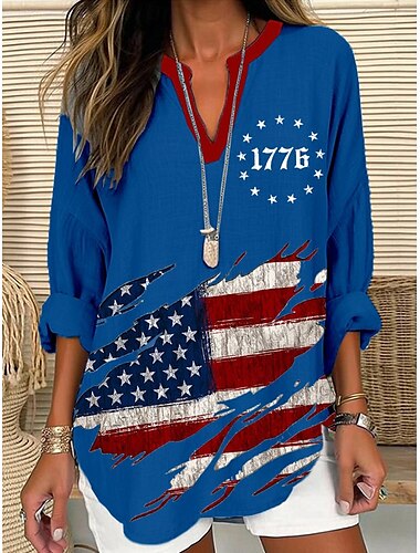  O Independence Day Dames Patriottische Vierde Juli Blouse Grafisch Vlag Vintage Tropisch Hawaïaans Lange Mouwen V-hals Reguliere Tops Dagelijks Vakantie Strandkleding Print Zwart Wit Rood Blauw Zomer