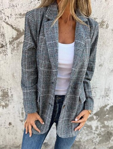  Damen Blazer Bequem Tasche Mode Hahnentrittmuster Arbeit Straße Einreihig Regulär Umlegekragen Normale Passform Langarm Oberbekleidung Braun Grau Herbst Winter