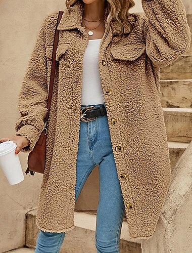  Damen Mantel Warm Bequem Tasche Knöpfe Outdoor Lässig Einfach Outdoor Straße Täglich Ferien Einreihig Lang Umlegekragen Normale Passform Langarm Oberbekleidung Weiß Khaki Aprikose Herbst Winter