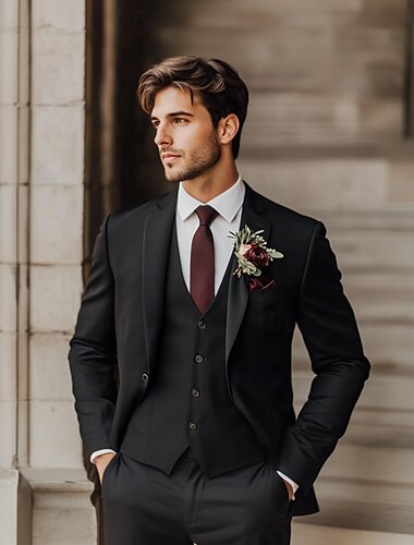  Pour des hommes Mariage Costumes Noir Mode Formel Couleur Unie Coupe Standard 3 pièces Simple boutonnage un bouton