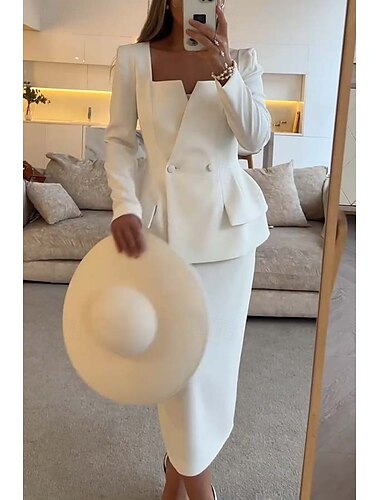  Dwuczęściowa Suknia Syrenka  Trąbka Suknia Matki Panny Młodej Elegancka Suknia Peplum Prosta Minimalistyczna Kwadratowy Dekolt Długość Herbaty Rozciągliwy materiał z krepy Długi Rękaw z Jednolitym